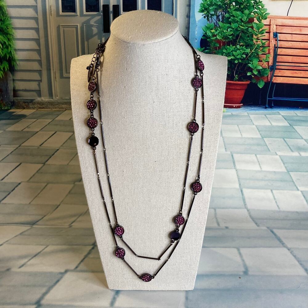 0116 Coldwater Creek Long Gatsby-Style Necklace in Gunmetal w/Pink Rhinestones